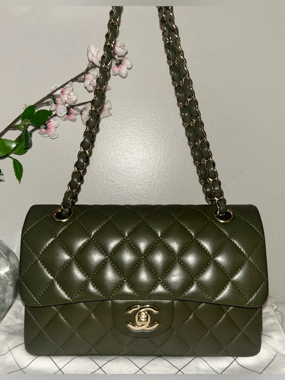 CHANEL Small Classic Double Flap Lambskin Quilted Handbag Olive / Gold Hardware